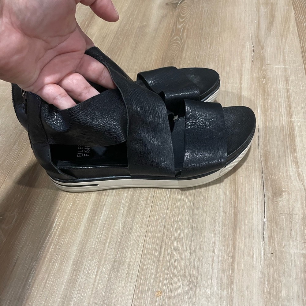 Eileen Fisher Sport Wide-Strap Leather Sandals, Black, Women's size 71/2